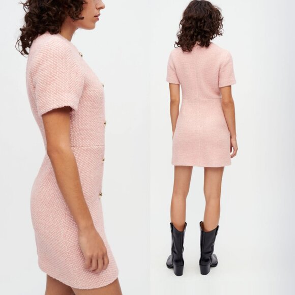 NWT Maje Rirosila Mini Dress Pink Tweed Double Breasted Short Sleeves Buttons - Picture 2 of 8